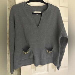 NWOT, LOFT Charcoal gray V-Neck Sweater with Gold Chain Detail